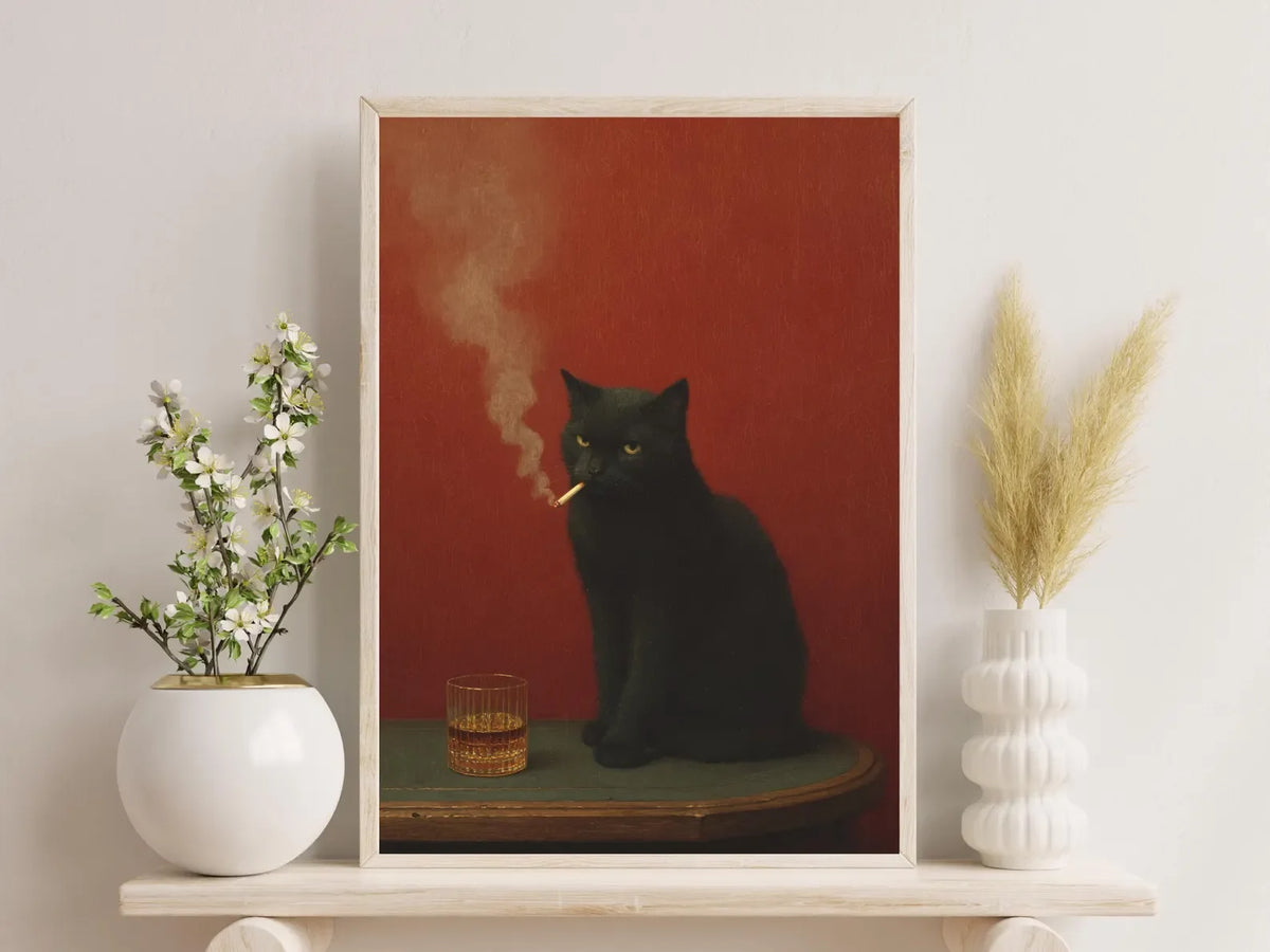 Decoorama: Arte Vintage de Gato Preto Fumando - Decoração Peculiar